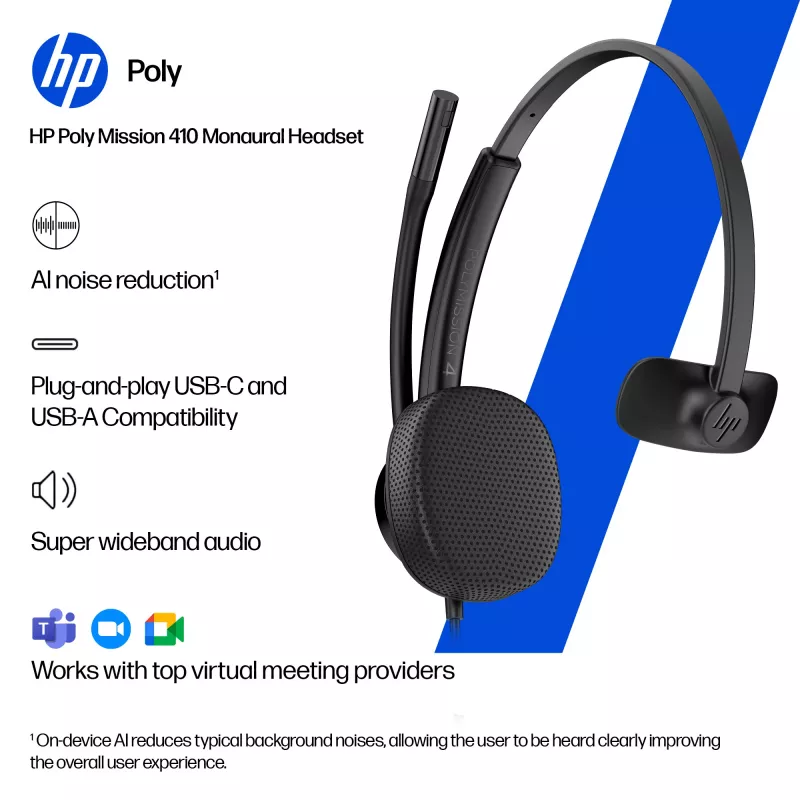 HP Poly Mission 415 monaural USB laidinis ausinių rinkinys (Bulk), 99 g, juoda