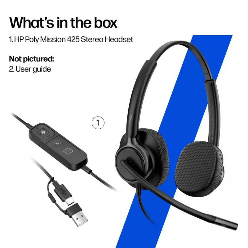 Laidinis stereo ausinių komplektas HP POLY Mission 425 Classic, USB jungtis, 126 g