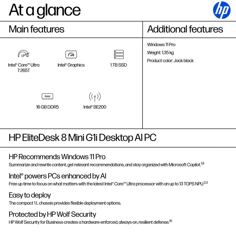 Mini kompiuteris HP EliteDesk 8 Mini G1i AI — Intel Core Ultra 7 265T, 16 GB DDR5, 1 TB SSD, Windows 11 Pro, juodas