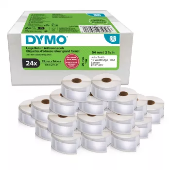 Dymo 2223589 etikečių ritinėliai — balti popieriniai lipdukai 5,4 × 2,5 cm, 500 etikečių/ritinys, 12000 etikečių/pakuotė, FSC