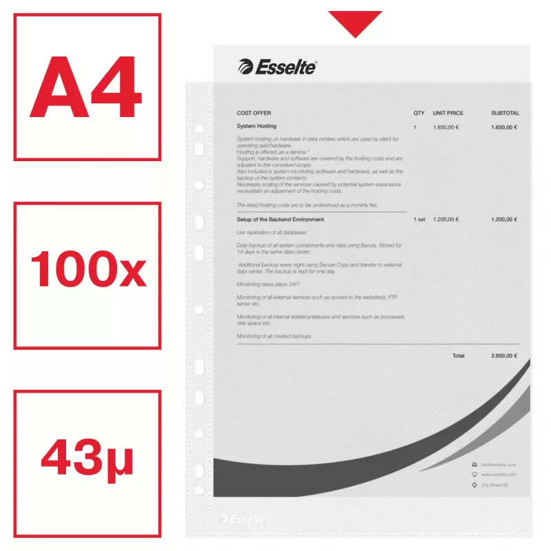 Esselte plastikinės kišenės A4 – Economy –, skaidrios, polipropilenas (PP), 210 x 297 mm