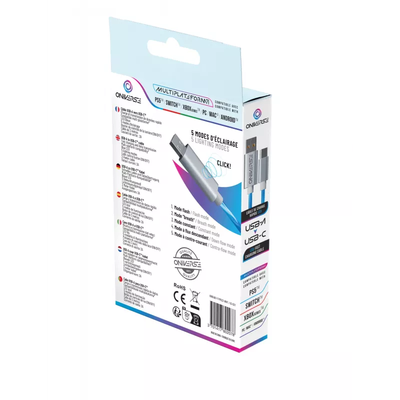Oniverse USB-A į USB-C greito įkrovimo laidas su LED - 2 metrai - Baltas (Multiplatforminis)