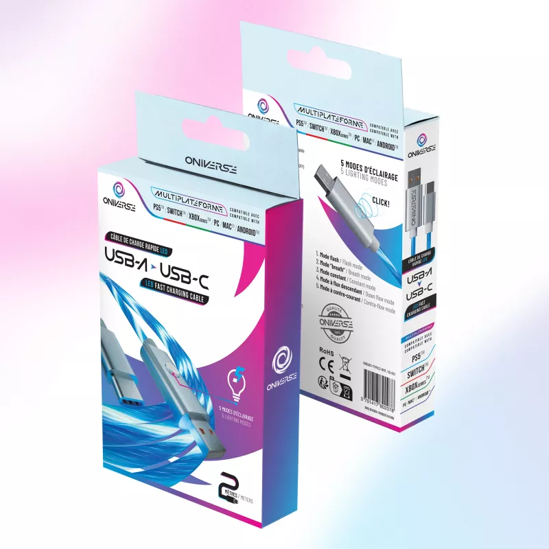 Oniverse USB-A į USB-C greito įkrovimo laidas su LED - 2 metrai - Baltas (Multiplatforminis)