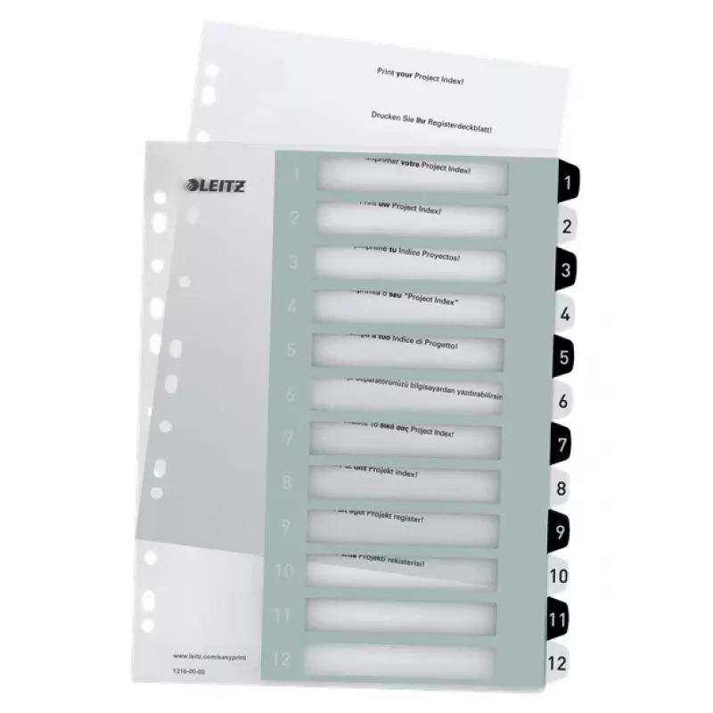 Leitz Indices spausdinami skirtukai PP A4+ 1-12 WOW balta/juoda