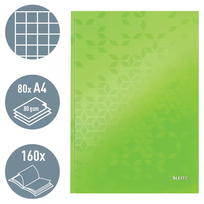 Leitz Notebook WOW A4 languotas kietu viršeliu 90g/80 lapų, Raštas, Žalia