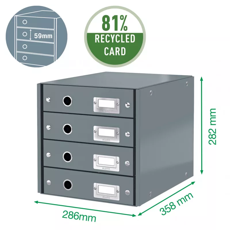 Leitz Click & Store WOW stalčių spinta (4 stalčiai), Žalia, Kartonas, 286 mm, 356 mm, 282 mm