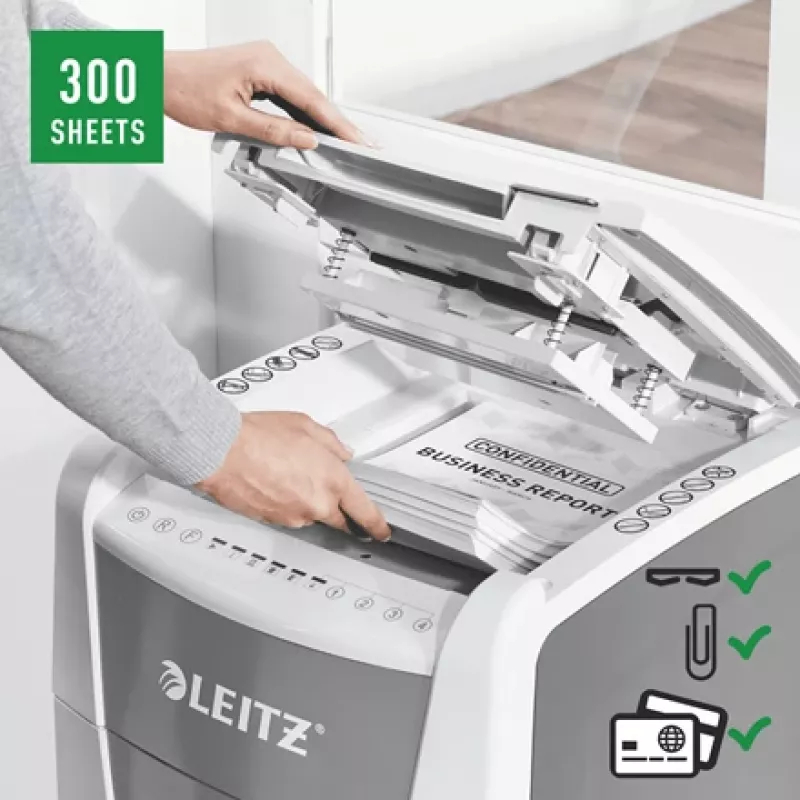 Leitz IQ Autofeed Office 300 automatinis popieriaus smulkintuvas P5, mikro smulkinimas, 22 cm, 2 x 15 mm, 60 l, 700 lapų, 55 dB
