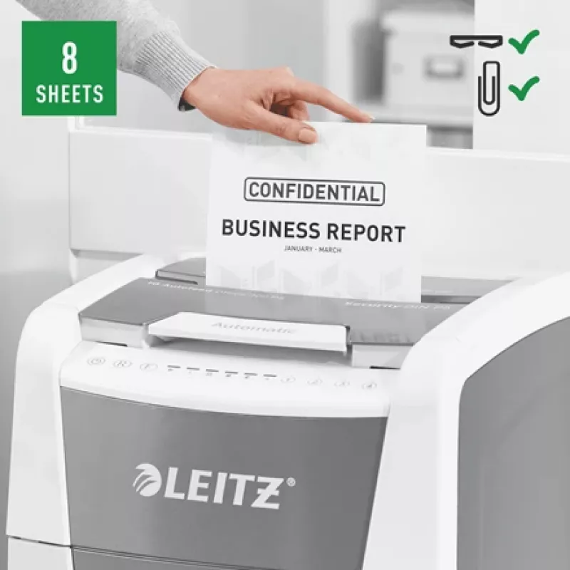 Leitz IQ Autofeed Office 300 automatinis popieriaus smulkintuvas P5, mikro smulkinimas, 22 cm, 2 x 15 mm, 60 l, 700 lapų, 55 dB
