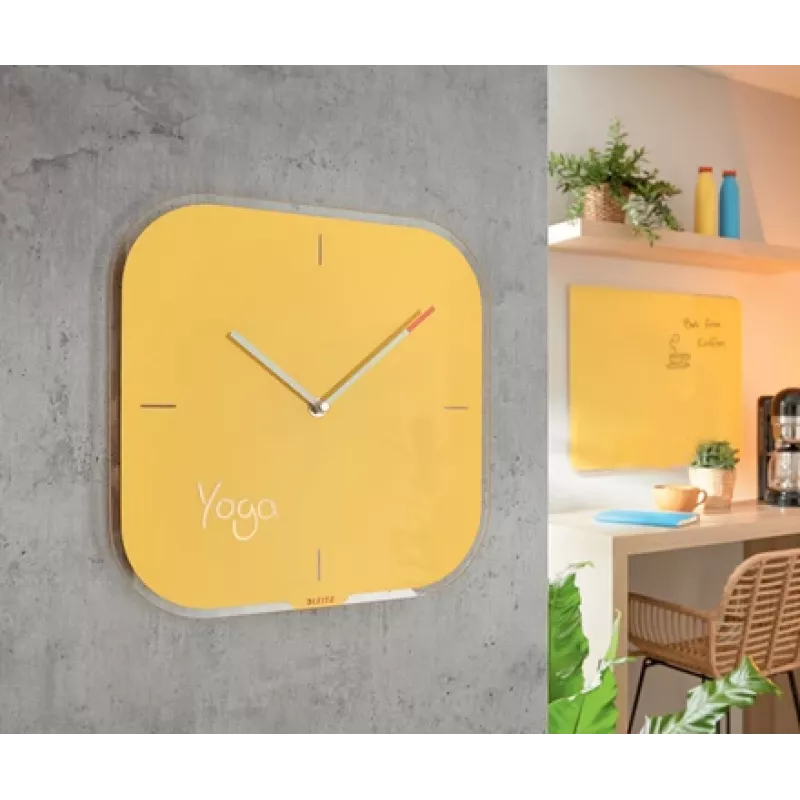Leitz Cosy Silent Glass Wall Clock, kvadratinis, geltonas, 300 mm, 300 mm, 40 mm, 1.6 kg