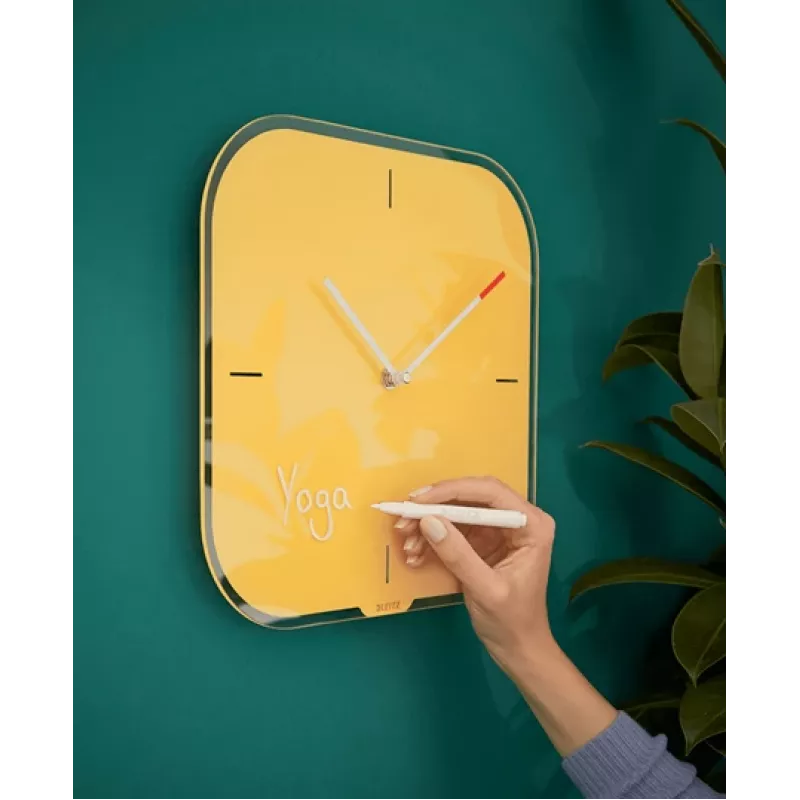 Leitz Cosy Silent Glass Wall Clock, kvadratinis, geltonas, 300 mm, 300 mm, 40 mm, 1.6 kg