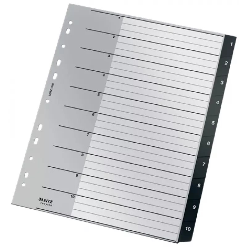 Leitz Recycle Index, PP, itin platus, skaitmeninis skirtukų indeksas, polipropilenas (PP), juoda, balta, vertikali, A4 Maxi, 160 g/m²