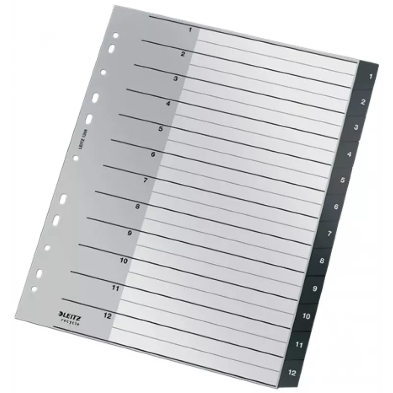 Leitz Recycle Index, PP, ypač platus, skaitmeninis skirtukų indeksas, polipropilenas (PP), juoda, balta, portretinė, A4 Maxi, 160 g/m²