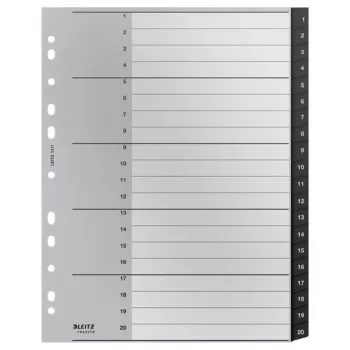 Leitz Recycle Index, PP, itin platus, skaitmeninis skirtukų indeksas, polipropilenas (PP), juoda, balta, A4 Maxi, 160 g/m², 238 mm
