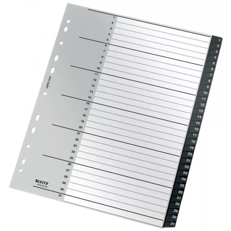 Leitz Recycle Index, PP, itin platus, skaitmeninis skirtukų indeksas, polipropilenas (PP), juoda, balta, vertikali, A4 Maxi, 160 g/m²