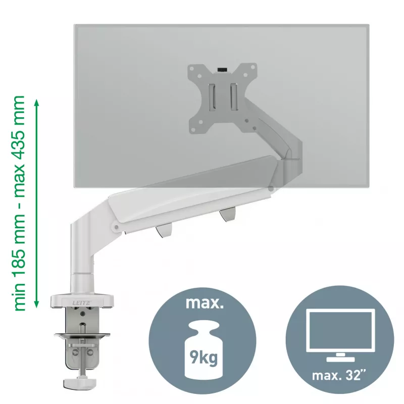 Leitz Ergo Space Saving Vieno Monitoriaus Laikiklis, Clamp/Grommet, 9 kg, 43,2 cm (17 col.), 81,3 cm (32 col.), 100 x 100 mm, Pilka