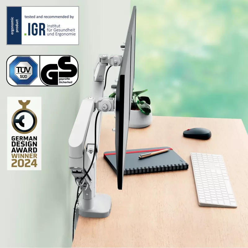 Dvigubas monitoriaus laikiklis Leitz Ergo Space Saving, spaustuvas/įvorė, 18 kg, 43,2 cm (17 inch), 81,3 cm (32 inch), 100 x 100 mm, Pilka