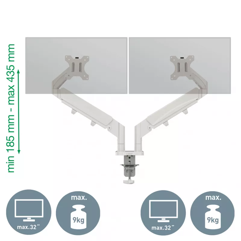 Dvigubas monitoriaus laikiklis Leitz Ergo Space Saving, spaustuvas/įvorė, 18 kg, 43,2 cm (17 inch), 81,3 cm (32 inch), 100 x 100 mm, Pilka