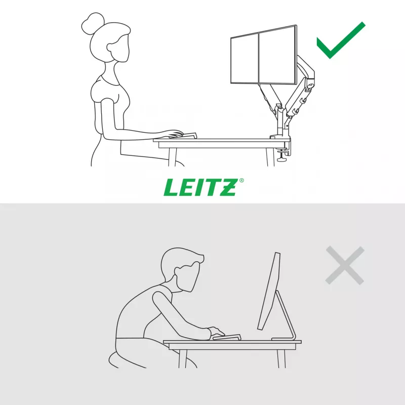 Dvigubas monitoriaus laikiklis Leitz Ergo Space Saving, spaustuvas/įvorė, 18 kg, 43,2 cm (17 inch), 81,3 cm (32 inch), 100 x 100 mm, Pilka
