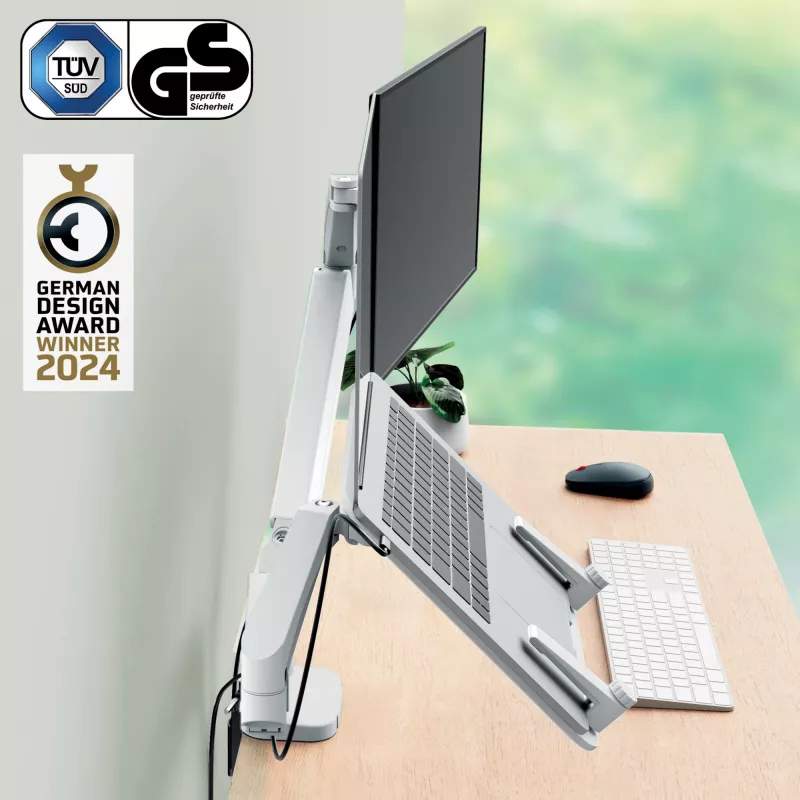Leitz Ergo Space Saving dviejų monitorių ir nešiojamojo kompiuterio laikiklis, spaustuvas/įvorė, 9 kg, 33 cm (13 colių), 81,3 cm (32 coliai), 100 x 100 mm, pilka