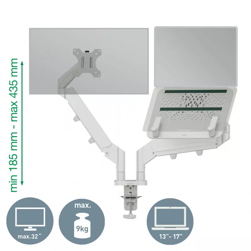 Leitz Ergo Space Saving dviejų monitorių ir nešiojamojo kompiuterio laikiklis, spaustuvas/įvorė, 9 kg, 33 cm (13 colių), 81,3 cm (32 coliai), 100 x 100 mm, pilka