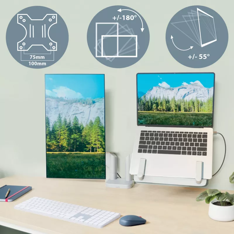 Leitz Ergo Space Saving dviejų monitorių ir nešiojamojo kompiuterio laikiklis, spaustuvas/įvorė, 9 kg, 33 cm (13 colių), 81,3 cm (32 coliai), 100 x 100 mm, pilka