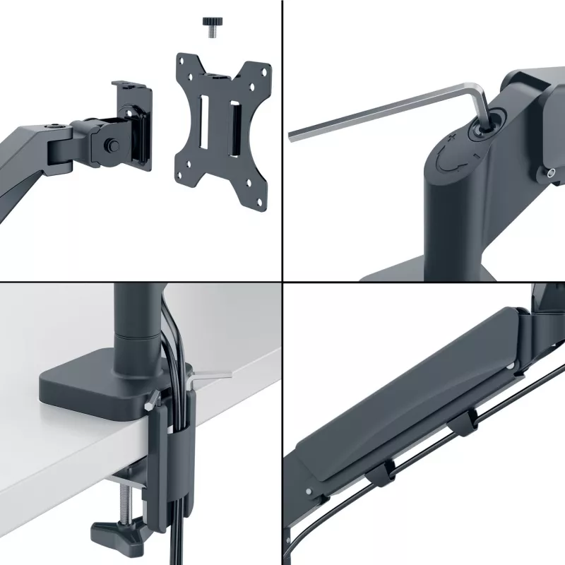 Leitz Ergo Space Saving dviejų monitorių ir nešiojamojo kompiuterio laikiklis, spaustuvinis/prakišamas, 18 kg, 43,2 cm (17 col.), 81,3 cm (32 col.), 100 x 100 mm, tamsiai pilkas