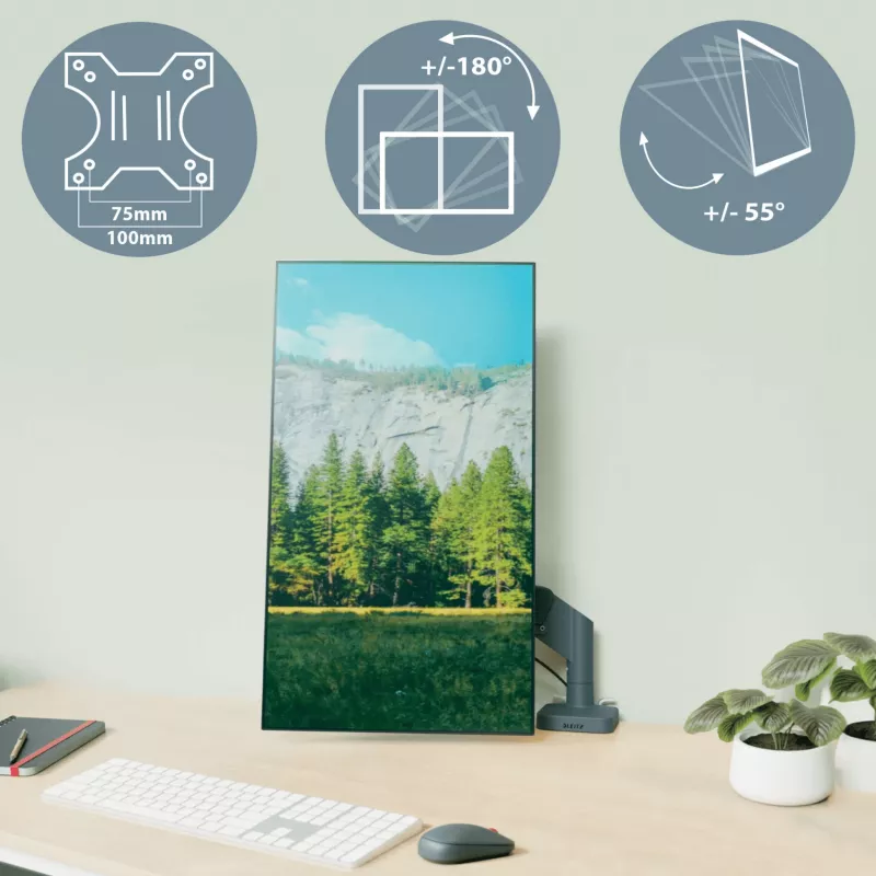 Leitz Ergo Space Saving dviejų monitorių ir nešiojamojo kompiuterio laikiklis, spaustuvinis/prakišamas, 18 kg, 43,2 cm (17 col.), 81,3 cm (32 col.), 100 x 100 mm, tamsiai pilkas