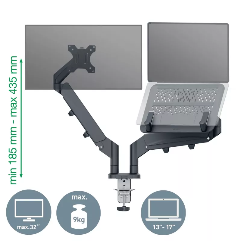 Leitz Ergo Space Saving dviejų monitorių ir nešiojamojo kompiuterio laikiklis, spaustuvinis/prakišamas, 18 kg, 43,2 cm (17 col.), 81,3 cm (32 col.), 100 x 100 mm, tamsiai pilkas