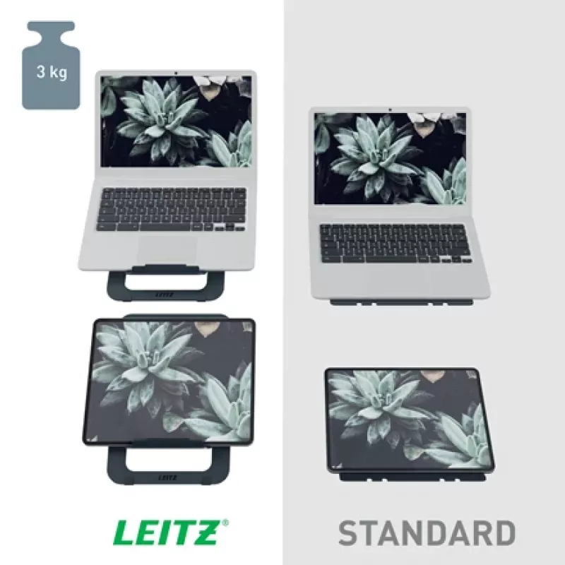Leitz Ergo Aliuminio itin plokščias reguliuojamas nešiojamojo kompiuterio stovas, tamsiai pilkas, aliuminis, 25,4 cm (10 col.) – 43,2 cm (17 col.)