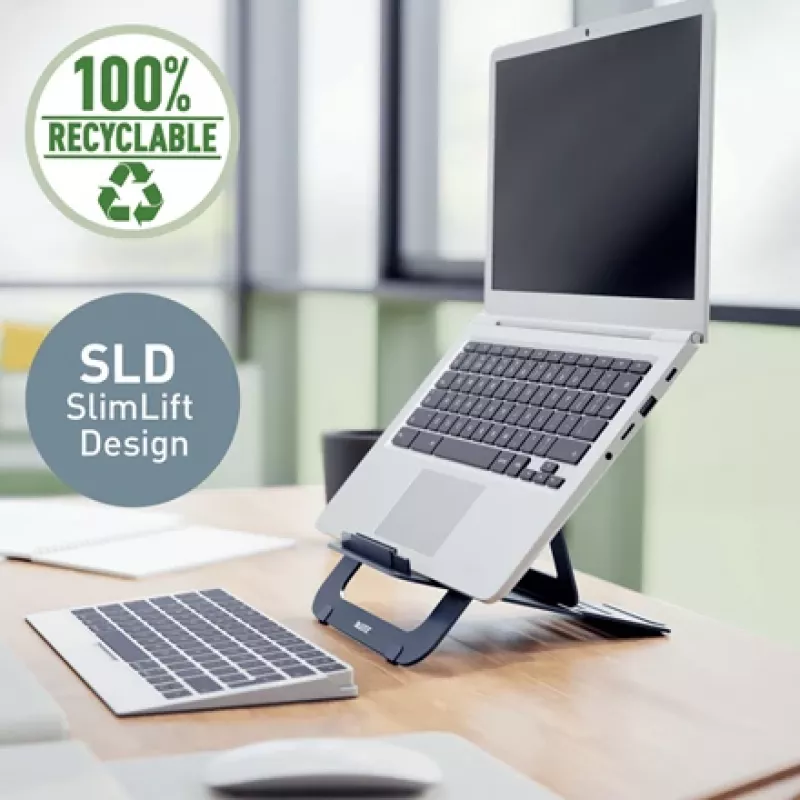 Leitz Ergo Aliuminio itin plokščias reguliuojamas nešiojamojo kompiuterio stovas, tamsiai pilkas, aliuminis, 25,4 cm (10 col.) – 43,2 cm (17 col.)