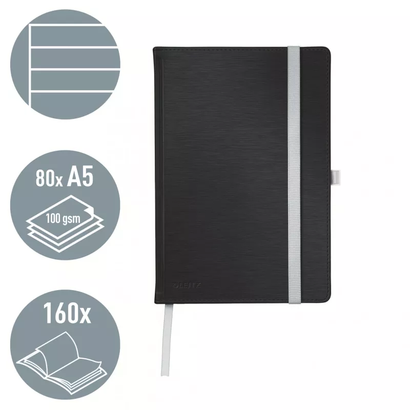 Leitz Style užrašų knygelė A5 linijinė, kietas viršelis, Monochromatic, Juoda, 80 lapų, 100 g/m²