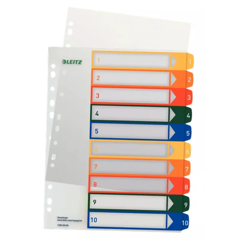 LEITZ Plastikinis skyriklis su skaičiais, A4 Extra Wide, 1-10, rašomas kompiuteriu, permatomas su spalvotomis kortelėmis, PP, 10 dalių (1293-00-00)