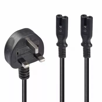 Lindy 2,5 m Jungiamasis laidas su UK 3 kontaktų kištuku į 2 x IEC C7 skirstytuvą, juodas