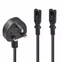 Lindy 2,5 m Jungiamasis laidas su UK 3 kontaktų kištuku į 2 x IEC C7 skirstytuvą, juodas