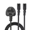 Lindy 2,5 m Jungiamasis laidas su UK 3 kontaktų kištuku į 2 x IEC C7 skirstytuvą, juodas