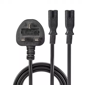 Lindy 2,5 m Jungiamasis laidas su UK 3 kontaktų kištuku į 2 x IEC C7 skirstytuvą, juodas