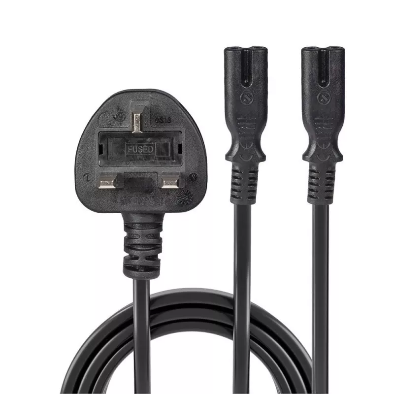 Lindy 2,5 m Jungiamasis laidas su UK 3 kontaktų kištuku į 2 x IEC C7 skirstytuvą, juodas