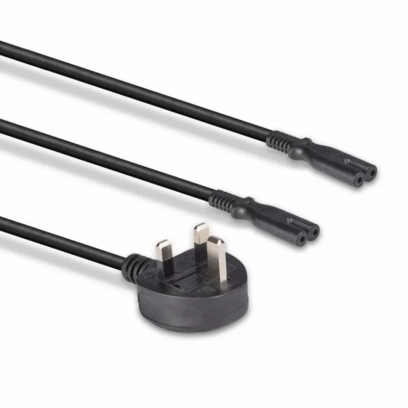 Lindy 2,5 m Jungiamasis laidas su UK 3 kontaktų kištuku į 2 x IEC C7 skirstytuvą, juodas