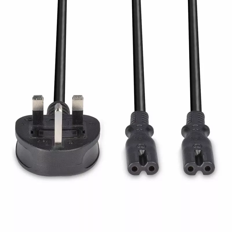 Lindy 2,5 m Jungiamasis laidas su UK 3 kontaktų kištuku į 2 x IEC C7 skirstytuvą, juodas
