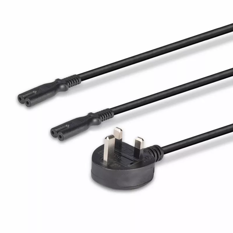 Lindy 2,5 m Jungiamasis laidas su UK 3 kontaktų kištuku į 2 x IEC C7 skirstytuvą, juodas