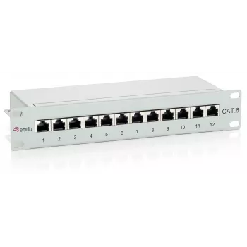 Equip 12-Port Cat.6 Ekranuotas Komutacinis Skydas, Šviesiai Pilkas, RJ-45, Auksas, Cat6, Montavimas į Stovą, 1U, Pilka