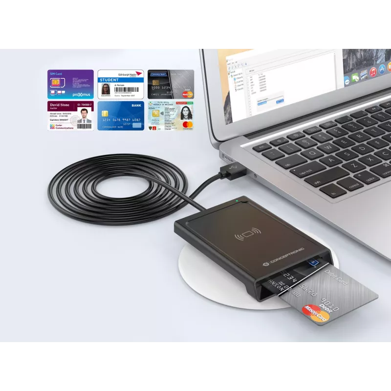 Conceptronic BIAN11B Dviejų sąsajų išmanusis ID kortelių skaitytuvas, USB 2.0, NFC, 1 m, juodas, 100 g