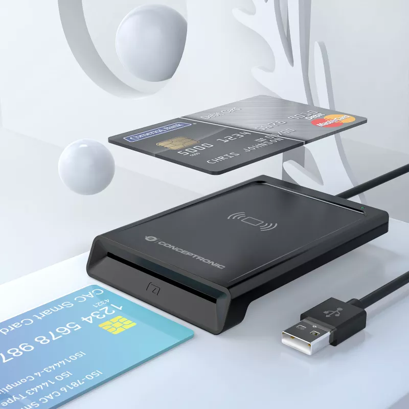 Conceptronic BIAN11B Dviejų sąsajų išmanusis ID kortelių skaitytuvas, USB 2.0, NFC, 1 m, juodas, 100 g