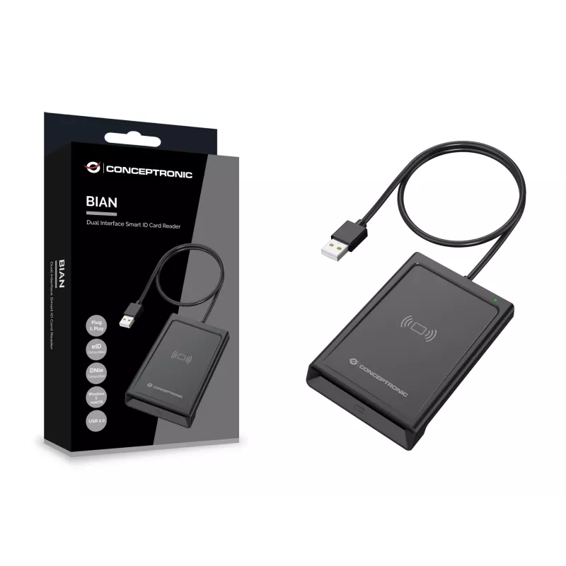 Conceptronic BIAN11B Dviejų sąsajų išmanusis ID kortelių skaitytuvas, USB 2.0, NFC, 1 m, juodas, 100 g