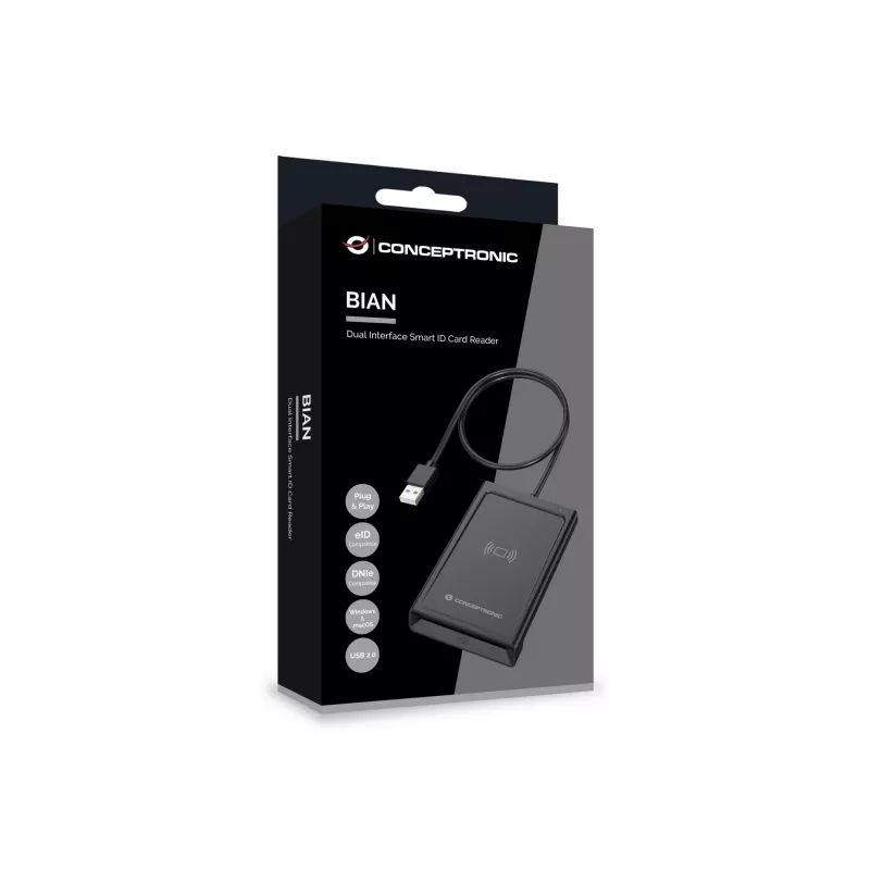 Conceptronic BIAN11B Dviejų sąsajų išmanusis ID kortelių skaitytuvas, USB 2.0, NFC, 1 m, juodas, 100 g