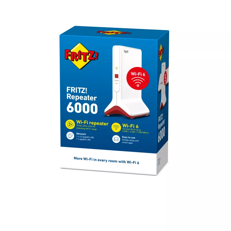 Bevielis ryšio stiprintuvas AVM FRITZ!Repeater 6000 Edition International — trijų juostų 6000 Mbps, 2x LAN, baltas