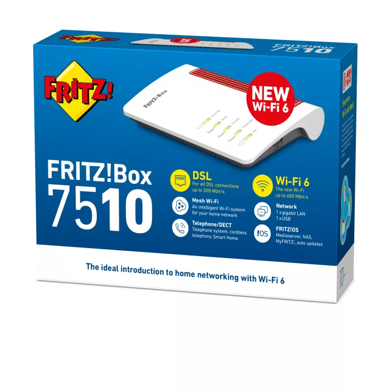 FRITZ!Box 7510 International maršrutizatorius, DSL/VDSL, Wi-Fi 6, 2.4 GHz, 600 Mbit/s