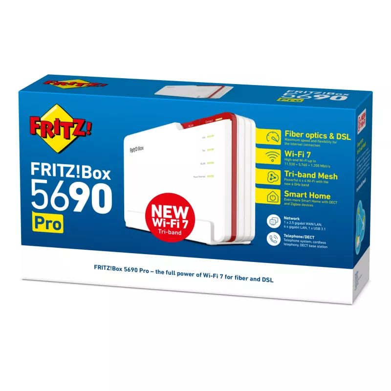 Stalininis maršrutizatorius FRITZ! 5690 Pro International, Wi-Fi 7, triju juostų (2,4 / 5 / 6 GHz), 2,5 Gigabit Ethernet, SFP, USB, baltas
