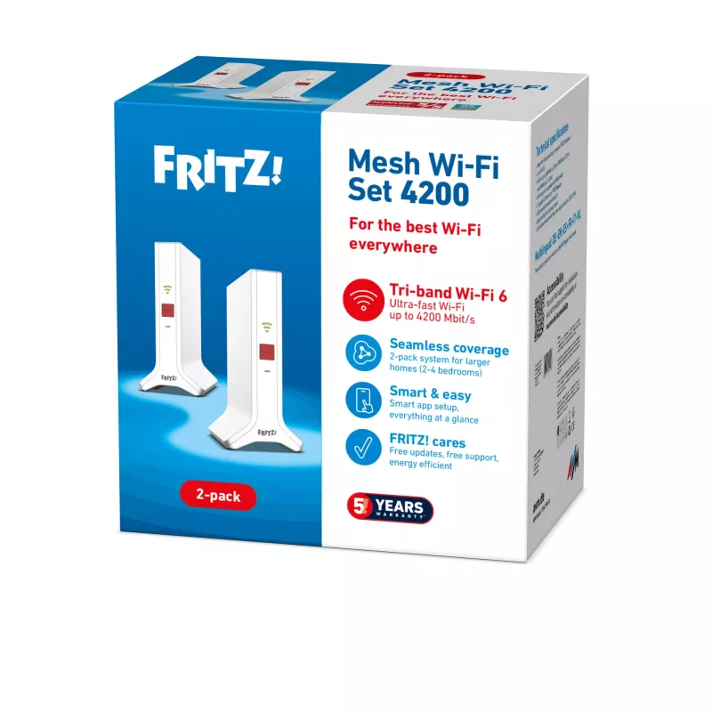 „Mesh“ rinkinys FRITZ 4200 2-pack Edition International, dviejų juostų (2,4 GHz / 5 GHz) Wi-Fi 6 (802.11ax), raudonas, baltas, 2x2/4x4