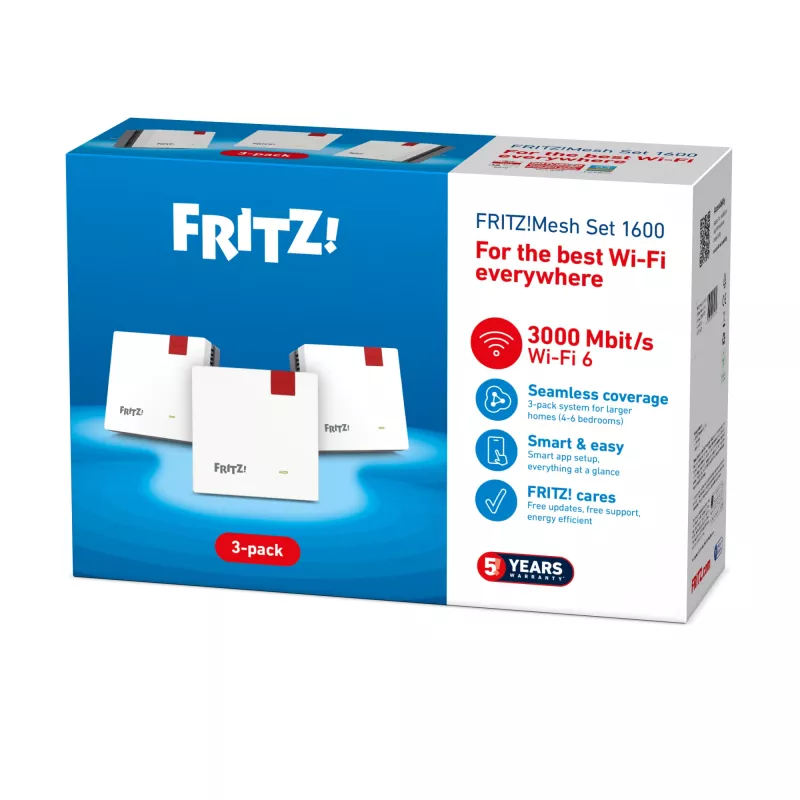 „FRITZ!Mesh“ rinkinys FRITZMESH SET 1600 3-PACK EDITION INTERNATIONAL, Wi-Fi 6, 3 vnt., raudonas/baltas